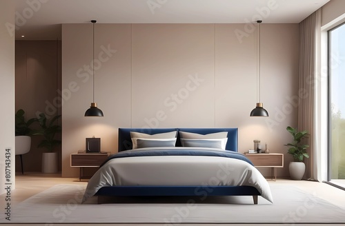 Modern bedroom interior design  minimalist wall color  high ceilings  cozy bed.