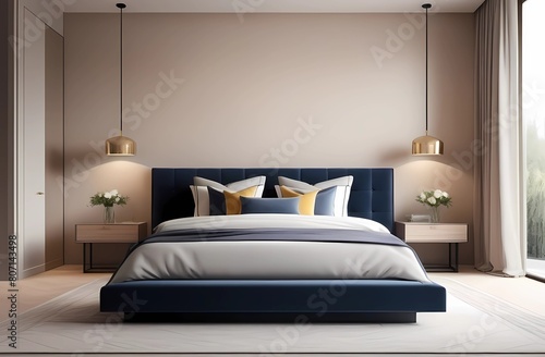 Modern bedroom interior design, minimalist wall color, high ceilings, cozy bed.