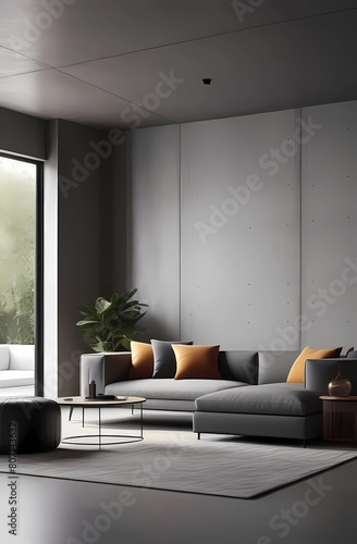 Minimalist gray interior design modern living room, home with gray wall and high ceilings. Sofa with cushions. © Ana River