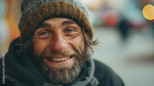Portrait photo of homeless senior man on the street smiling at camera