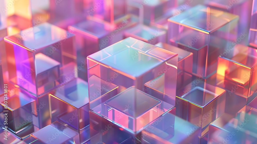 a collection of translucent, iridescent geometric shapes, a central cube with a pastel color palette a collection of translucent, iridescent geometric shapes, a central cube with a pastel color palette