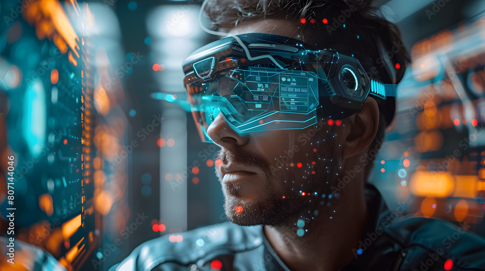 A man in high-tech wearables, with futuristic glasses and cybernetic elements, in a neon-lit data center A man in high-tech wearables, with futuristic glasses and cybernetic elements, in a neon-lit data center
