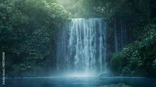 A waterfall that flows upwards  its cascading water turning into a curtain of shimmering stars