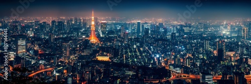 A breathtaking panoramic view of Tokyo s city lights with Tokyo Tower at the center  highlighting urban life