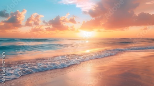 Serene Sunset Over Tranquil Beach Landscape with Glowing Horizon and Reflective Waves © pkproject