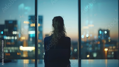   A woman sits in front of a window, laptop in lap, gazing at the city's nightscape photo