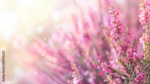 Beautiful pink heath flowers of erica plant on blur background. Generated AI image photo