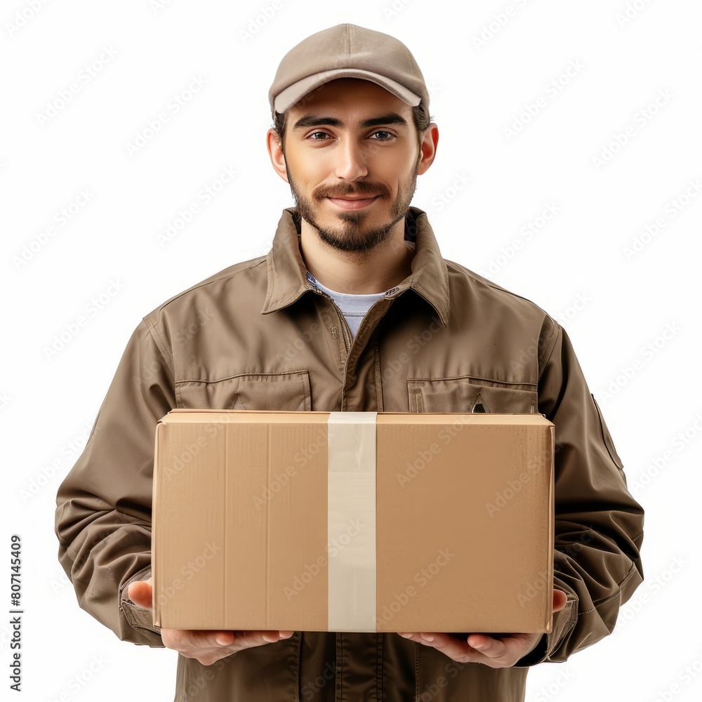 young man standing confidently Holding an empty brown package in hand, ready for delivery With a determined expression He therefore shows efficiency and reliability in his work. young man standing confidently Holding an empty brown package in hand, ready for delivery With a determined expression He therefore shows efficiency and reliability in his work.