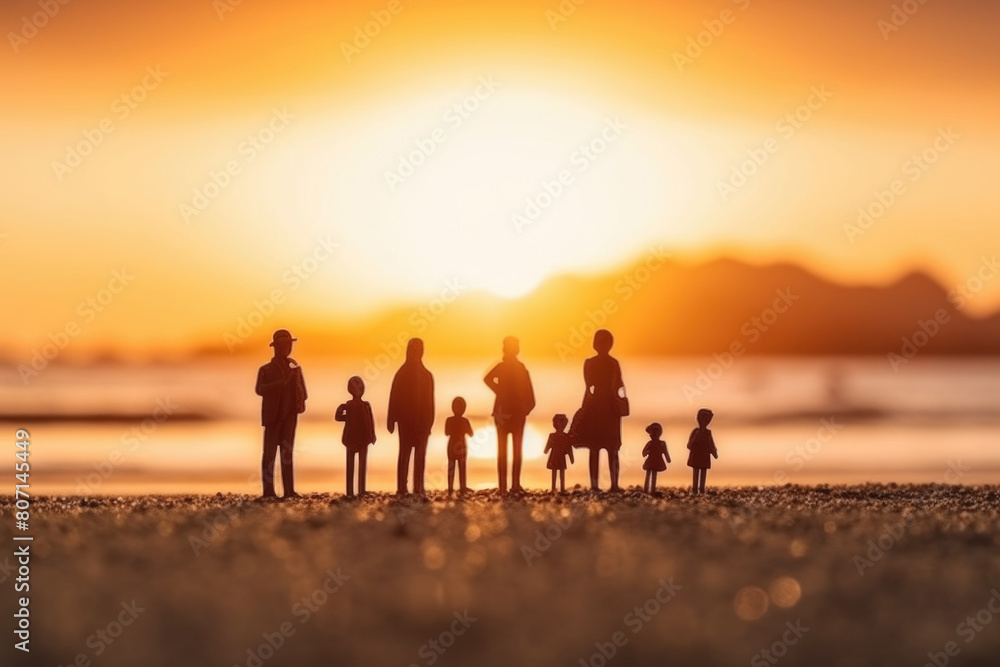 A group of people standing on the sandy beach, taking in the view of the ocean. Some are chatting, while others are looking out at the water