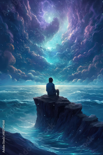 A man is seated on top of a rocky cliff, gazing out at the vast expanse of the ocean below him