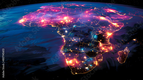 A digital map of Africa from space, glowing with vibrant lights, depicting the continent's cities, connectivity, and energy in a colorful, futuristic style