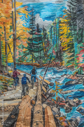 Wallpaper Mural A detailed drawing of a man in motion, biking down a flowing river surrounded by trees and wildlife Torontodigital.ca