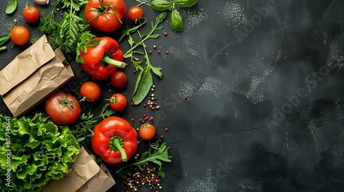 Top-down view of various fresh vegetables and herbs scattered on a dark textured surface, featuring tomatoes, bell peppers, and lettuce among spices.