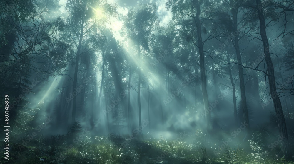 A forest with trees and sunlight shining through the trees