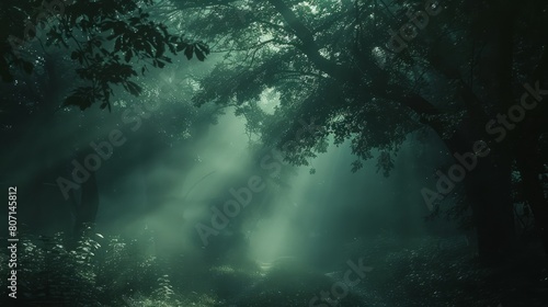 A forest with trees and a foggy atmosphere. The trees are tall and the leaves are green