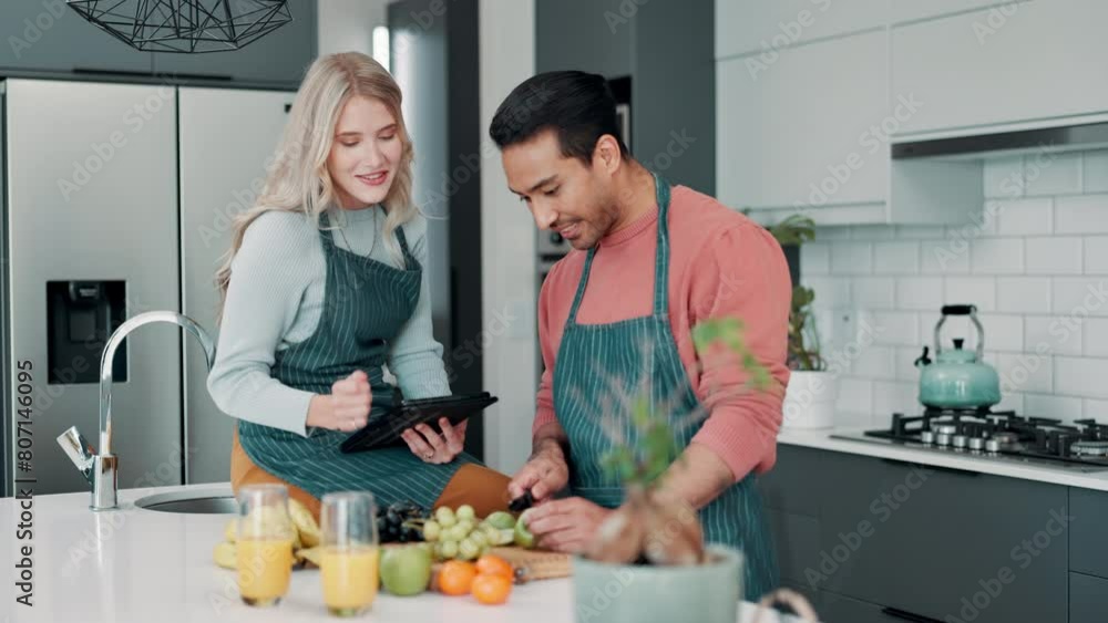 Cooking, video and couple in kitchen with tablet for streaming healthy recipe, ideas and online learning. Happy, man and woman relax with tech in home and help with fruit, vegetables and watch chef Cooking, video and couple in kitchen with tablet for streaming healthy recipe, ideas and online learning. Happy, man and woman relax with tech in home and help with fruit, vegetables and watch chef