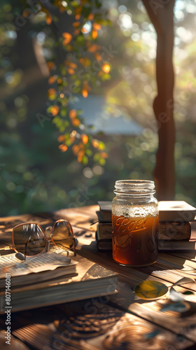Coffee Break Amidst Tranquility: A Rustic Still-Life with Books, Glasses, and a Jar of Freshly Brewed Coffee