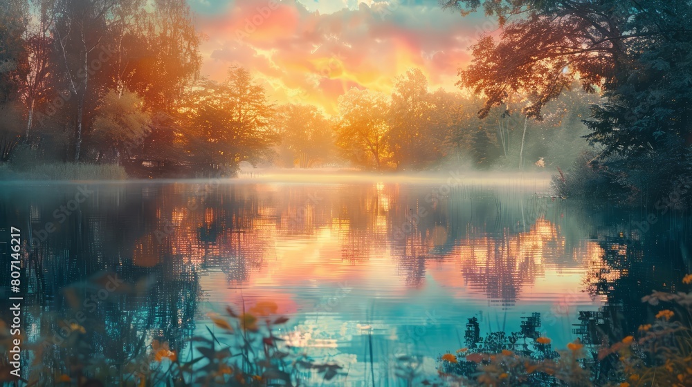 A beautiful lake with a sunset in the background. The water is calm and the sky is filled with orange and pink hues. The scene is peaceful and serene