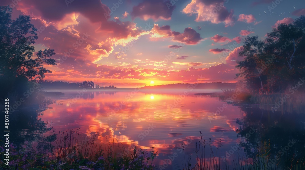A beautiful sunset over a lake with a reflection of the sun on the water. The sky is filled with clouds, creating a serene and peaceful atmosphere