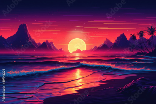 A realistic painting of the sun setting over the vast ocean, casting warm hues across the water and sky, with gentle waves breaking on the shore © sommersby