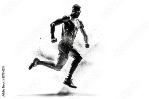 A black and white image of a man running with intensity and determination