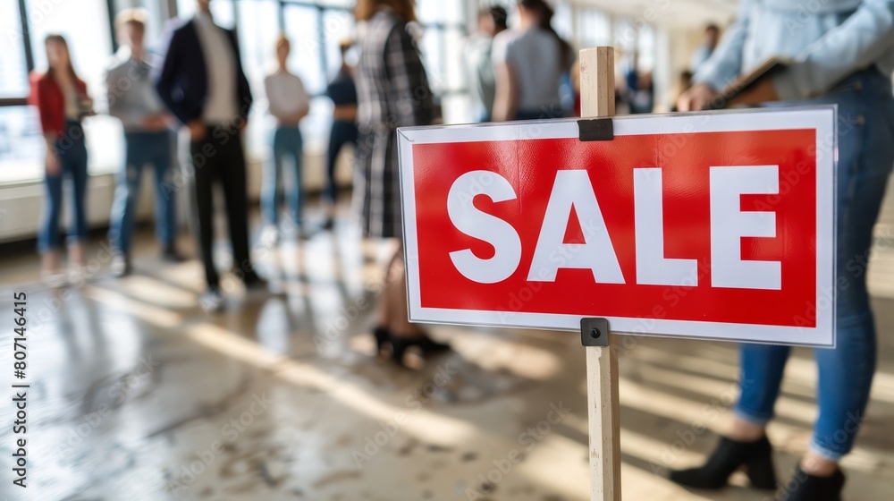 A red and white sale sign stands before a room filled with people, surrounded by numerous windows A red and white sale sign stands before a room filled with people, surrounded by numerous windows