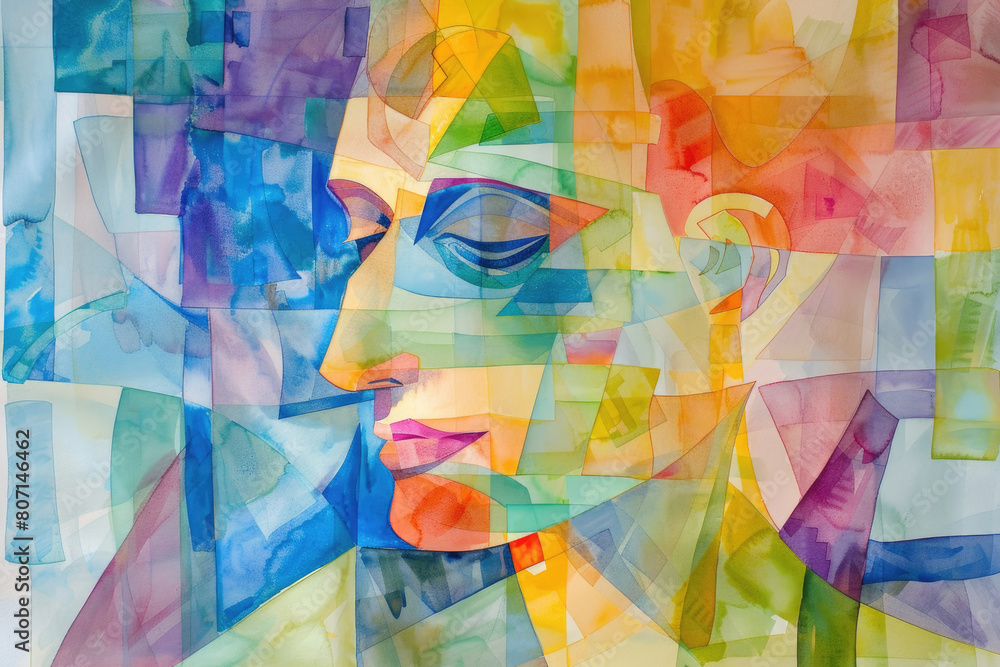 A vibrant painting featuring a womans face with a multitude of colors, showcasing an array of emotions and expressions
