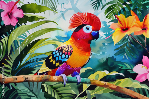A lively and vibrant bird adorned with various colors perched gracefully on a branch in a natural setting