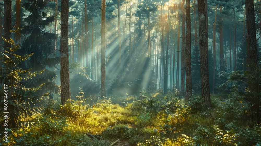 Fototapeta premium A forest with sunlight shining through the trees. The light is casting shadows on the ground, creating a serene and peaceful atmosphere
