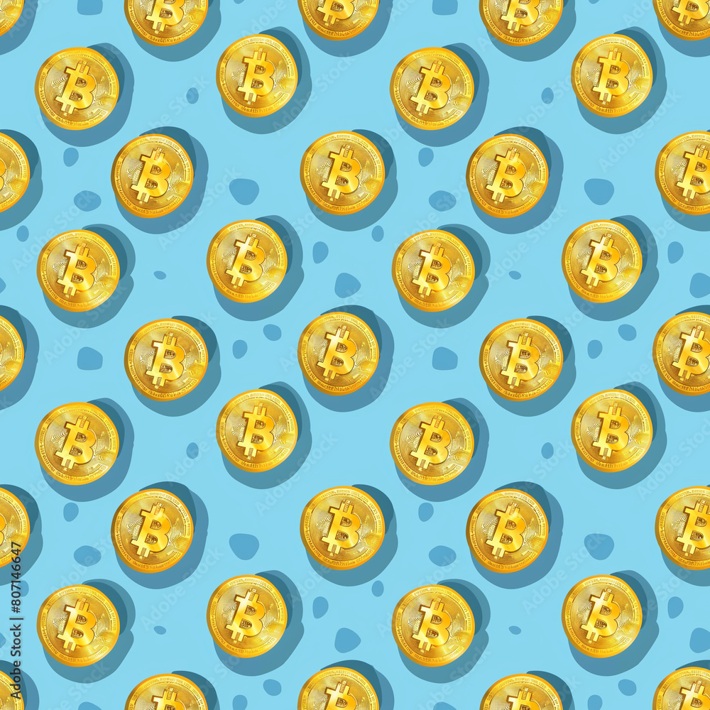 A seamless pattern featuring stylized yellow Bitcoin icons crafted in a minimalist vector style against a rich blue backdrop. This design encapsulates modern finance through a digital lens, emphasizin A seamless pattern featuring stylized yellow Bitcoin icons crafted in a minimalist vector style against a rich blue backdrop. This design encapsulates modern finance through a digital lens, emphasizin
