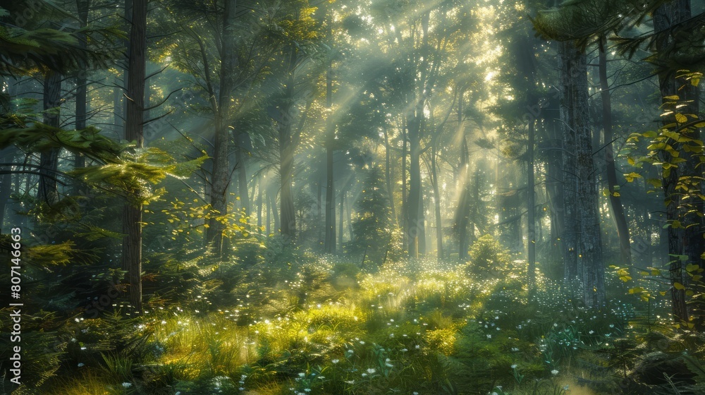 A forest with sunlight shining through the trees. The light is casting a warm glow on the grass and leaves. The scene is peaceful and serene, with the sunlight creating a sense of calm and tranquility