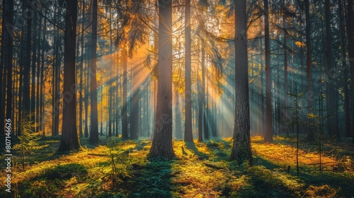 The sun is shining through the trees, casting a warm glow on the forest floor. The trees are tall and leafy, creating a peaceful and serene atmosphere
