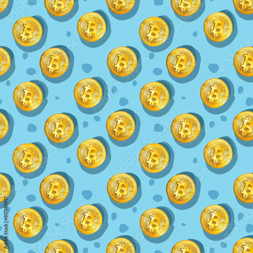 A seamless pattern featuring stylized yellow Bitcoin icons crafted in a minimalist vector style against a rich blue backdrop. This design encapsulates modern finance through a digital lens, emphasizin