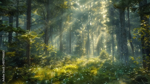 A forest with sunlight shining through the trees. The light is casting a warm glow on the grass and leaves. The scene is peaceful and serene, with the sunlight creating a sense of calm and tranquility