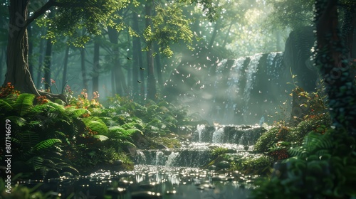 A lush green forest with a waterfall and a stream. The water is clear and the sunlight is shining through the trees