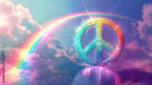 A rainbow is above a peace sign. The peace sign is made of glitter and is surrounded by a cloud of sparkles photo