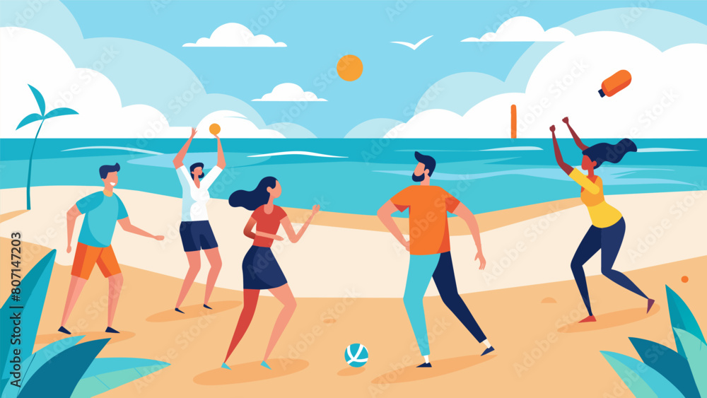 Accompanied by the gentle sounds of waves crashing a group of coworkers bond over a game of badminton during a team building retreat on the beach.. Vector illustration