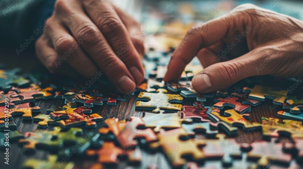 The pieces of a puzzle are being put together by a man and a woman. The pieces of a puzzle are being put together by a man and a woman.