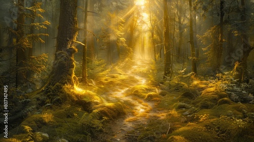 A forest path is illuminated by the sun  creating a warm and inviting atmosphere. The trees are tall and leafy  and the ground is covered in moss and grass