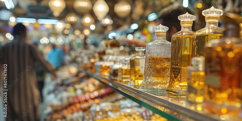 Close-up of intricate glass perfume bottles at a bustling eastern market, with shoppers browsing in the background. Traditional Arabian market scene showcasing artisanal craftsmanship. Close-up of intricate glass perfume bottles at a bustling eastern market, with shoppers browsing in the background. Traditional Arabian market scene showcasing artisanal craftsmanship.
