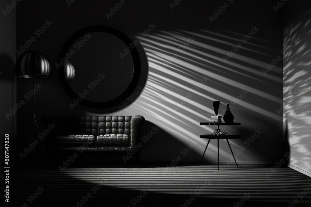 Semi-surreal indoor black and white photograph of an empty windowless room with spare furnishings and indirect lighting, light and shadow. From the series �Recurring Dreams,
