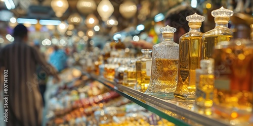 Close-up of intricate glass perfume bottles at a bustling eastern market, with shoppers browsing in the background. Traditional Arabian market scene showcasing artisanal craftsmanship. 