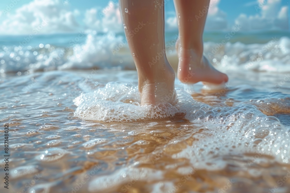 Close-up of bare feet walking through the clear, shimmering waters along a sandy beach under a sunny sky.
Close-up of bare feet walking through the clear, shimmering waters along a sandy beach under a sunny sky.