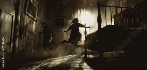 Surreal indoor close-up photograph of children seen in silhouette jumping and floating in a small darkened bedroom, spooky, creepy vibe. From the series �Twilight Zone.� photo