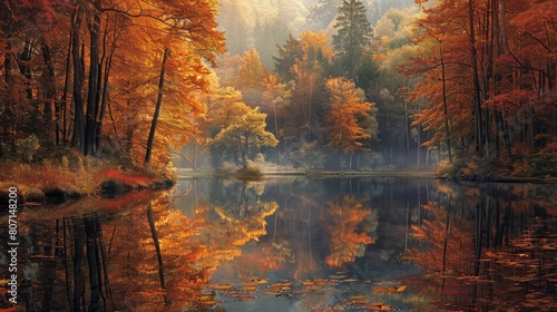 A beautiful autumn scene with a lake and trees. The water is calm and the trees are full of leaves