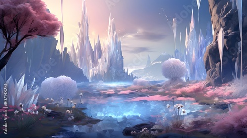 Fantasy alien planet. Mountain and lake. 3D illustration. #807148251