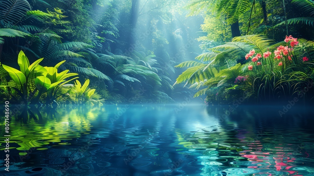 Fototapeta premium A lush green forest with a river running through it. The water is calm and clear, reflecting the trees and sky above. The scene is peaceful and serene, with the sunlight filtering through the leaves