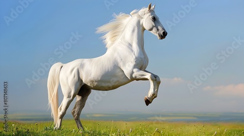 Majestic White Horse Rearing up on Grassy Meadow with Flowing Mane Against Blue Sky