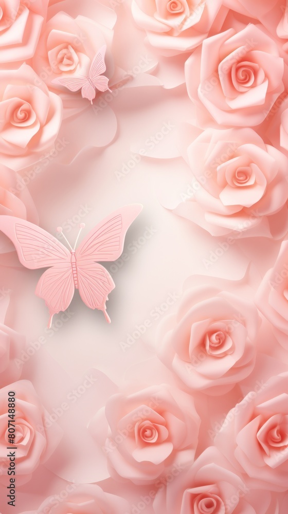 Rose plain background with minimalistic pastel butterfly pixel swirl border with copy space texture 