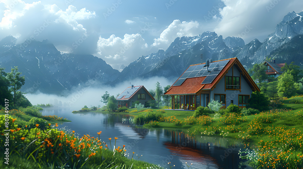 Fototapeta premium Charming mountain cottages with solar panels, nestled beside a serene lake, surrounded by lush greenery and majestic peaks under a bright sky